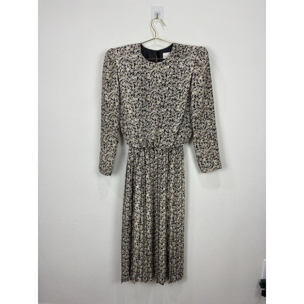 Vintage Floral Pleated Midi Dress Brenner Size 8/10 Shoulder Pads Leaves